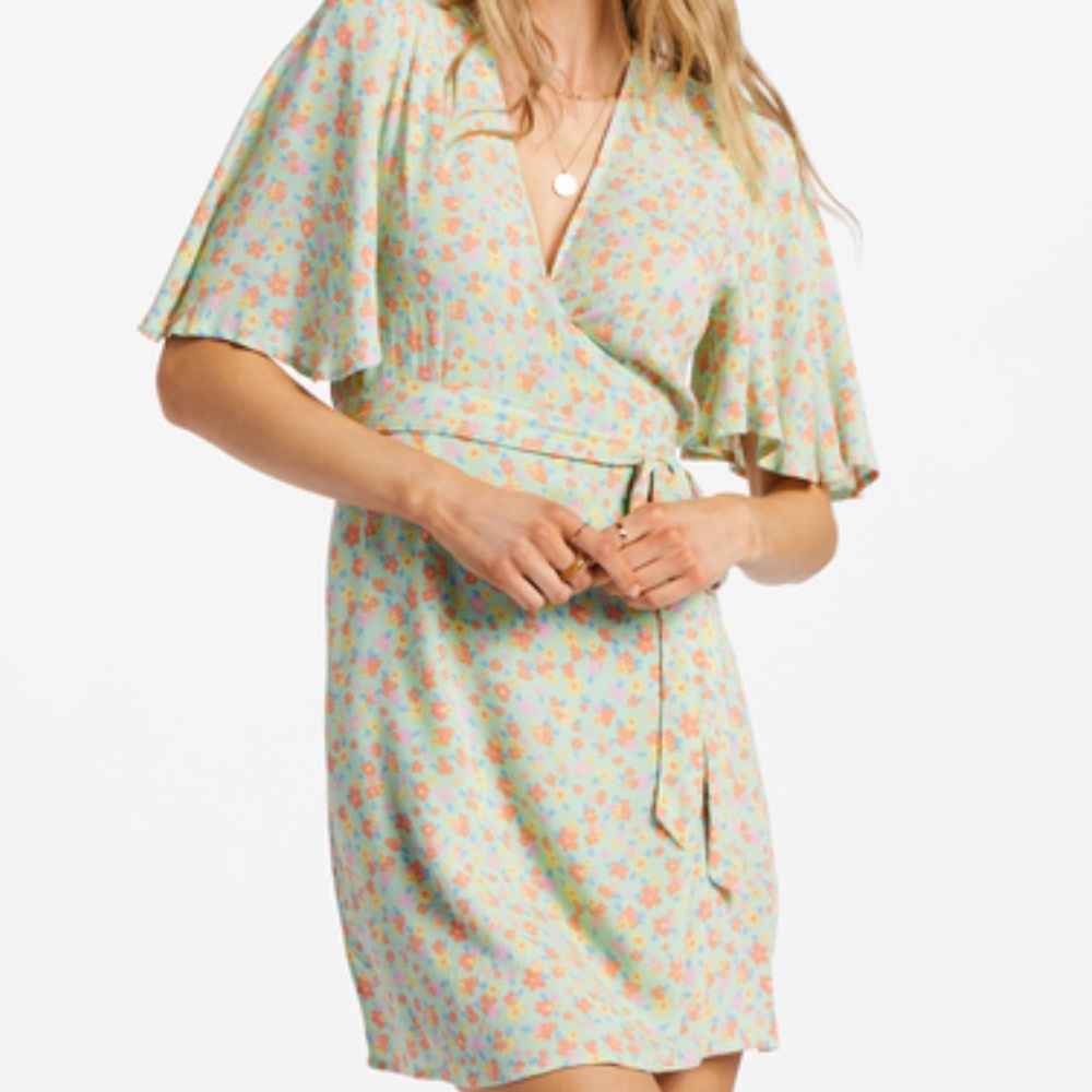 Billabong Floral Wrap Dress - Light Green and Orange NEW